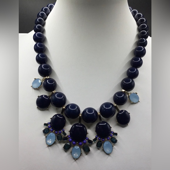 BANANA REPUBLIC GOLDTONE BLUE CABOCHON RHINESTONE BEAD STATEMENT NECKLACE - Picture 1 of 3